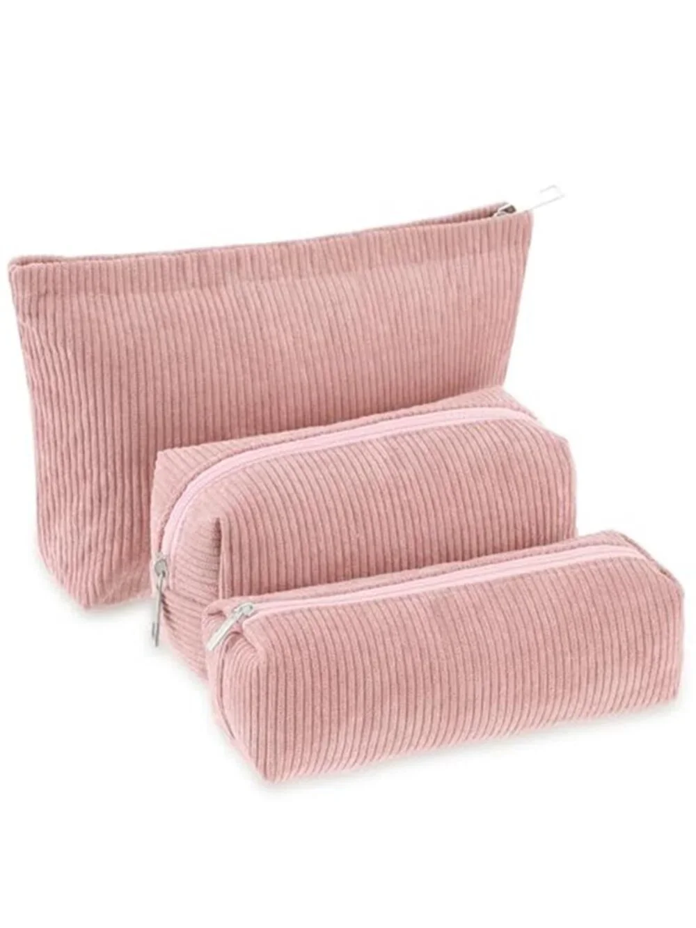 3 Pcs Corduroy Makeup Bag Set for Women Cute Pencil Case, Pink;Solid